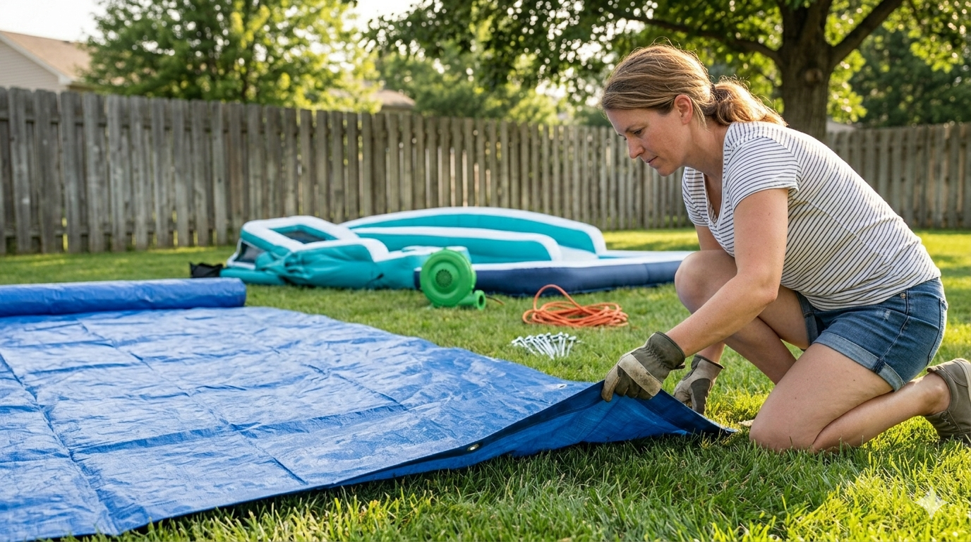 A tarp being laid down on grass before inflatable setup