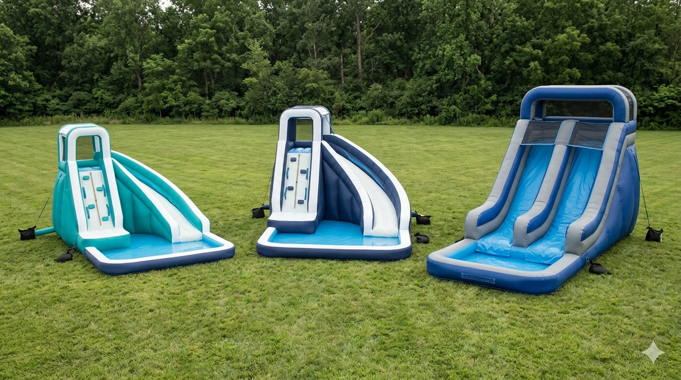 Three different sizes of backyard inflatable water parks side by side
